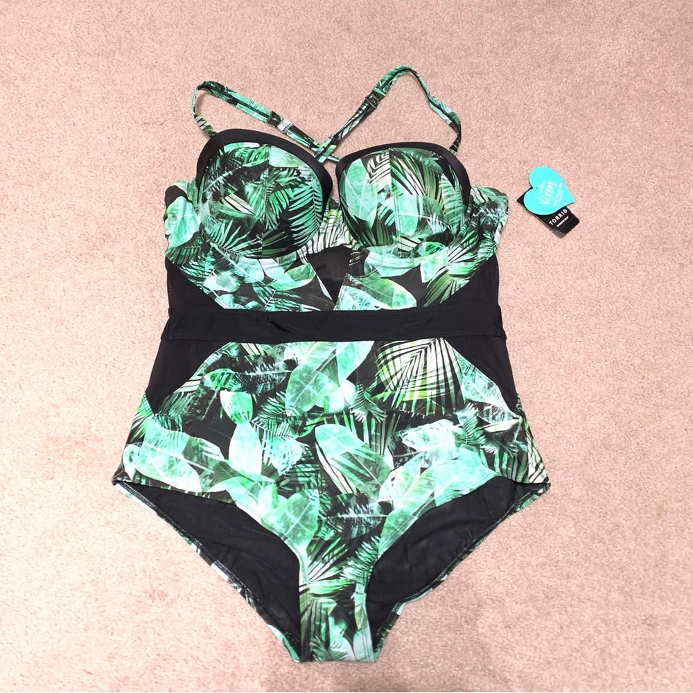 TORRID Vixen Green Palm Cutout Mesh Underwire One Piece Swimsuit Size 2X NWT